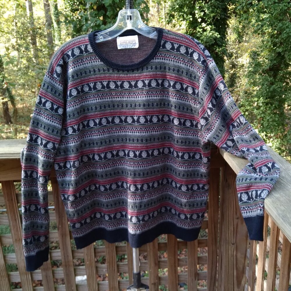 Vintage Lord Jeff Crew Neck Sweater Striped Designs in Classic Neutral Colors S